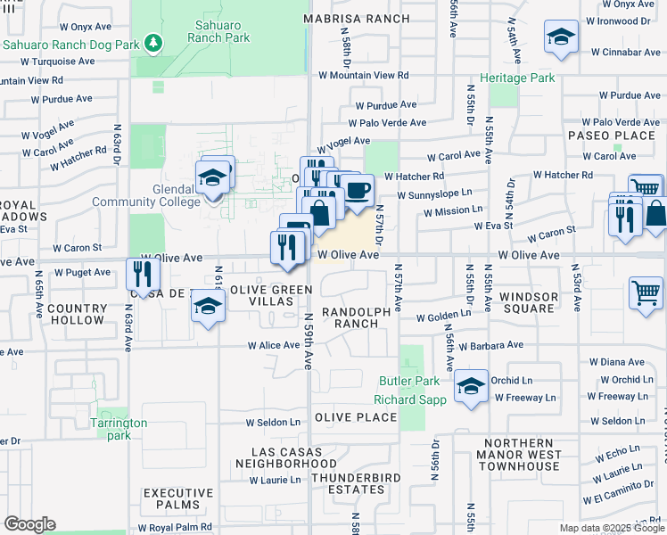 map of restaurants, bars, coffee shops, grocery stores, and more near 5818 West Puget Avenue in Glendale