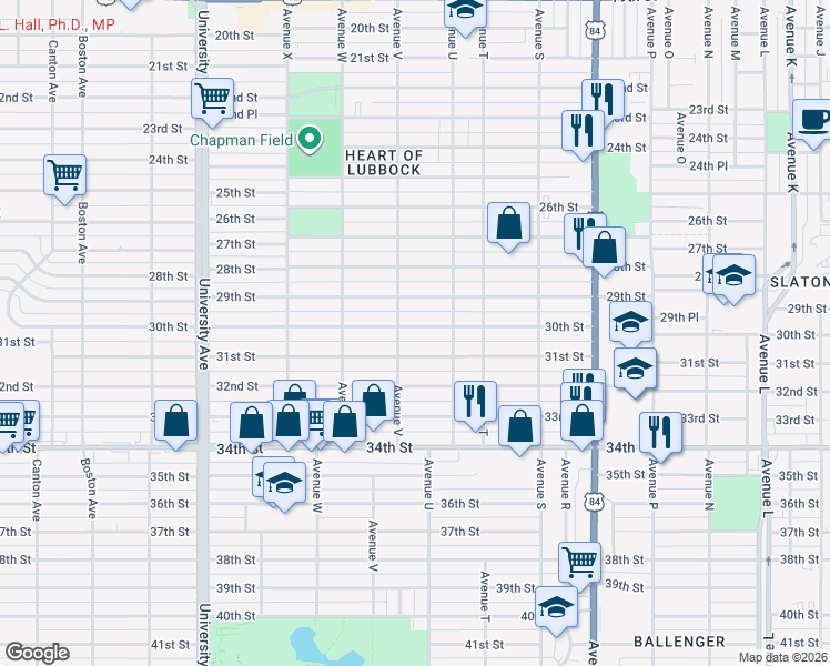 map of restaurants, bars, coffee shops, grocery stores, and more near 2113 30th Street in Lubbock
