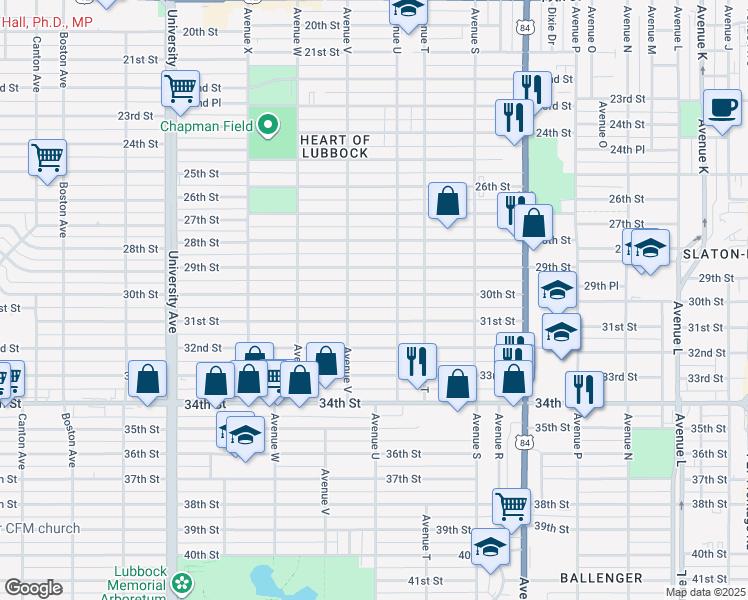 map of restaurants, bars, coffee shops, grocery stores, and more near 2111 30th Street in Lubbock