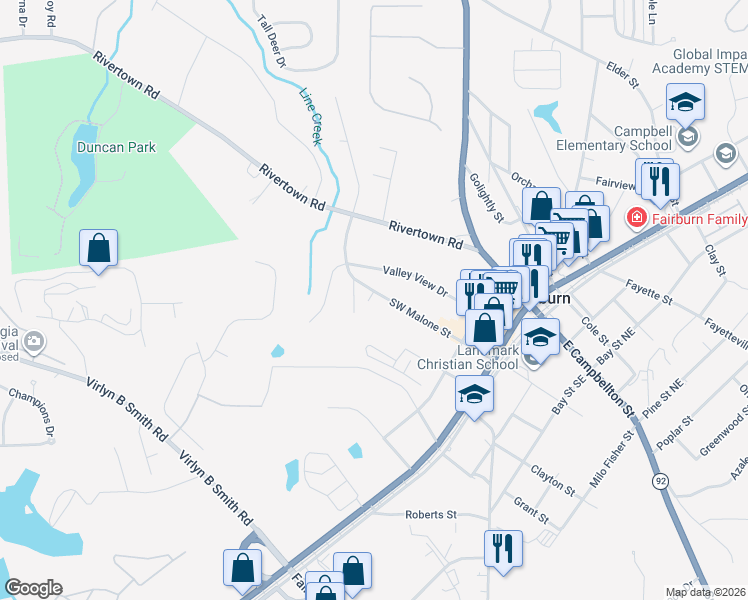 map of restaurants, bars, coffee shops, grocery stores, and more near 124 Southwest Malone Street in Fairburn