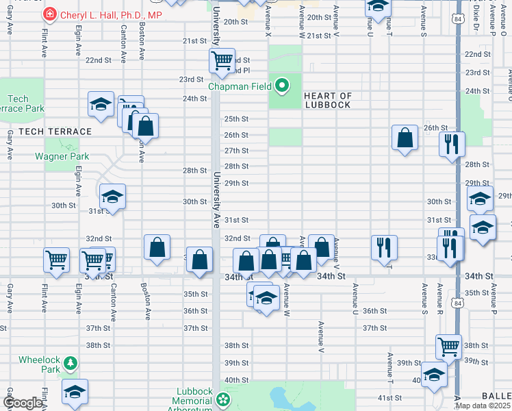 map of restaurants, bars, coffee shops, grocery stores, and more near 2407 30th Street in Lubbock