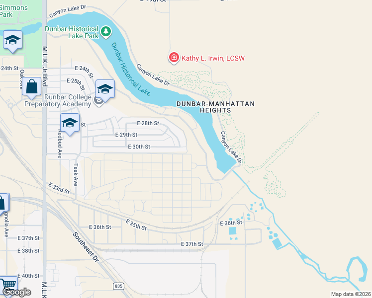 map of restaurants, bars, coffee shops, grocery stores, and more near 2802 East 30th Street in Lubbock