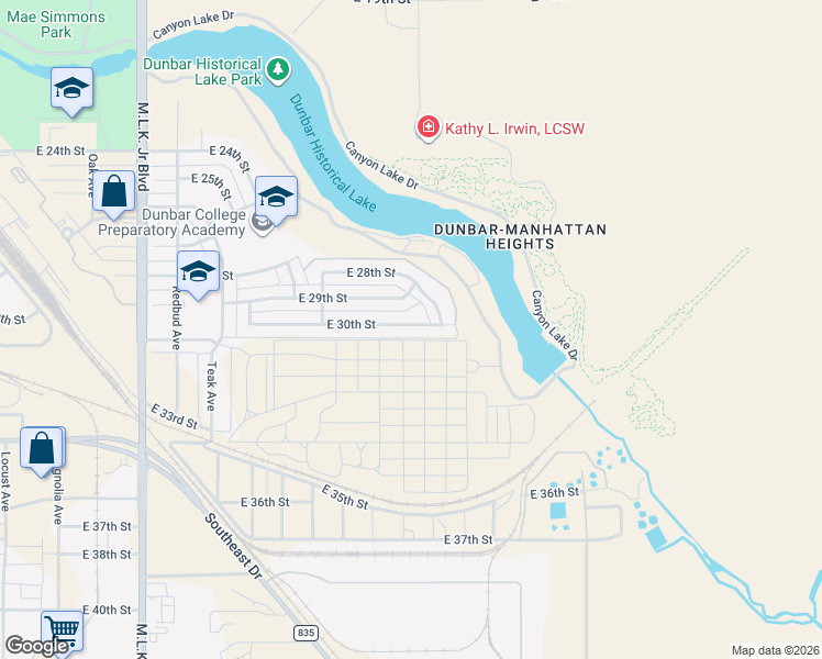 map of restaurants, bars, coffee shops, grocery stores, and more near 2438 East 30th Street in Lubbock