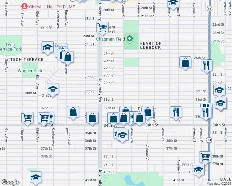 map of restaurants, bars, coffee shops, grocery stores, and more near 2407 30th Street in Lubbock