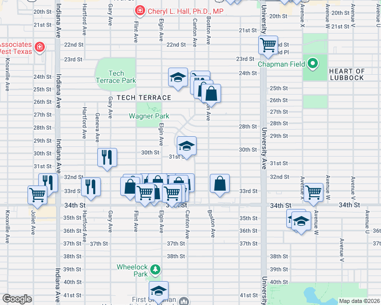 map of restaurants, bars, coffee shops, grocery stores, and more near 2805 30th Street in Lubbock
