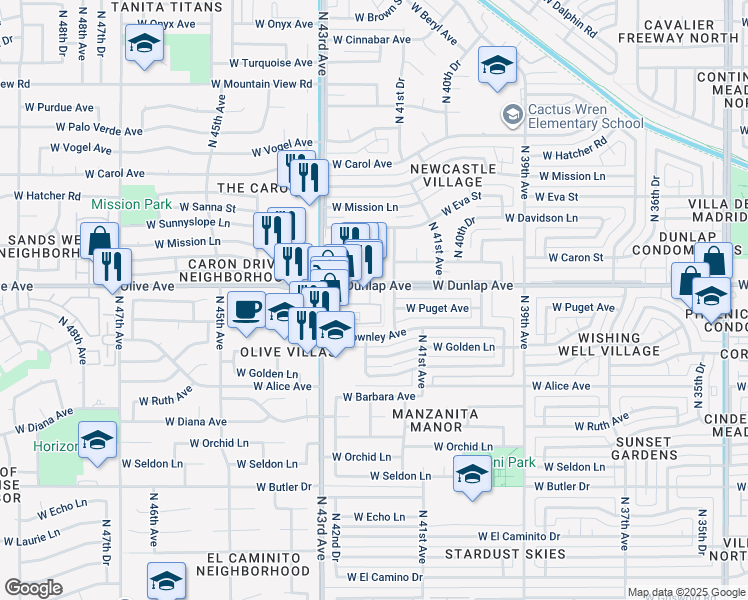 map of restaurants, bars, coffee shops, grocery stores, and more near 4215 West Dunlap Avenue in Phoenix