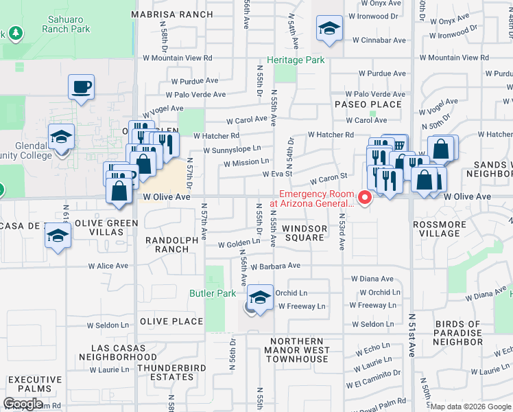 map of restaurants, bars, coffee shops, grocery stores, and more near 8939 North 56th Avenue in Glendale