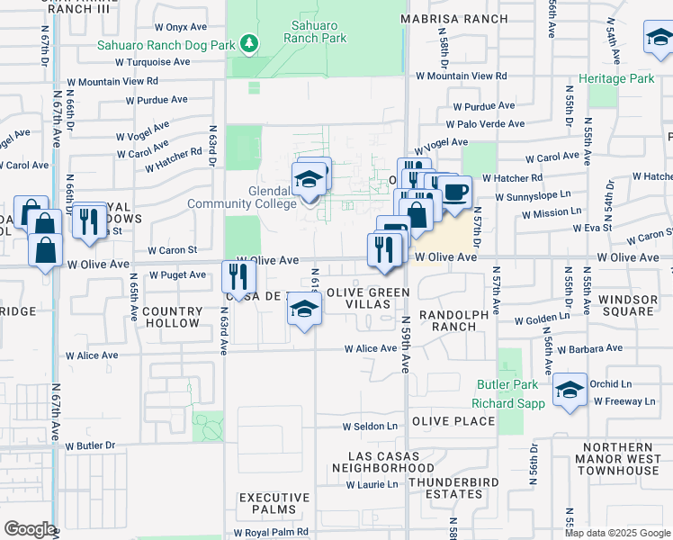 map of restaurants, bars, coffee shops, grocery stores, and more near 6027 West Olive Avenue in Glendale