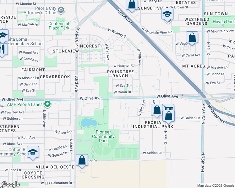 map of restaurants, bars, coffee shops, grocery stores, and more near 8029 West Caron Drive in Peoria