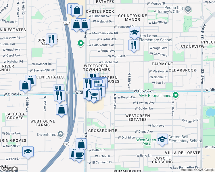 map of restaurants, bars, coffee shops, grocery stores, and more near 8940 West Olive Avenue in Peoria