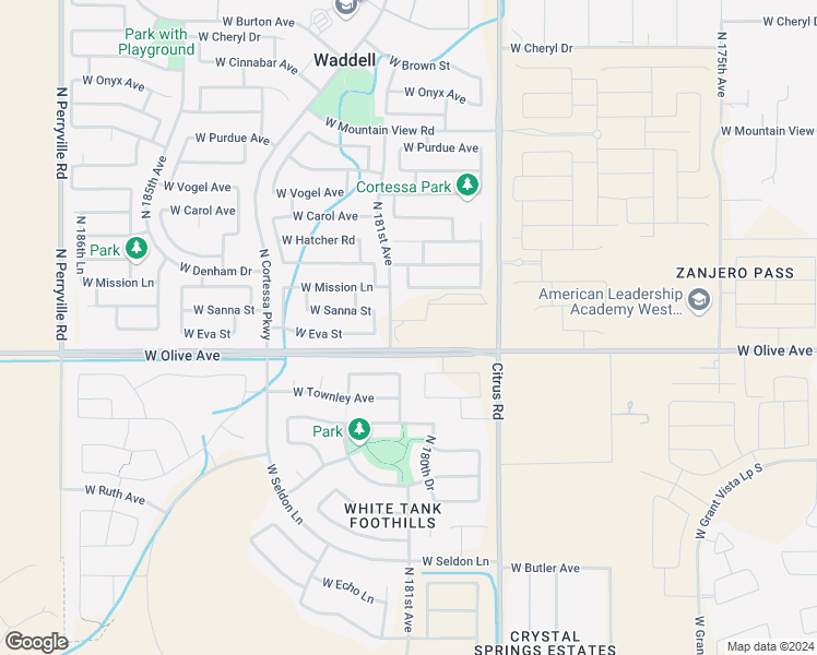 map of restaurants, bars, coffee shops, grocery stores, and more near 18096 West Olive Avenue in Waddell