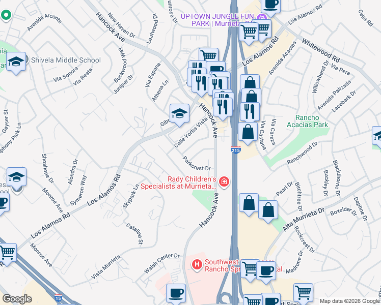 map of restaurants, bars, coffee shops, grocery stores, and more near 40113 Avenue Venida in Murrieta