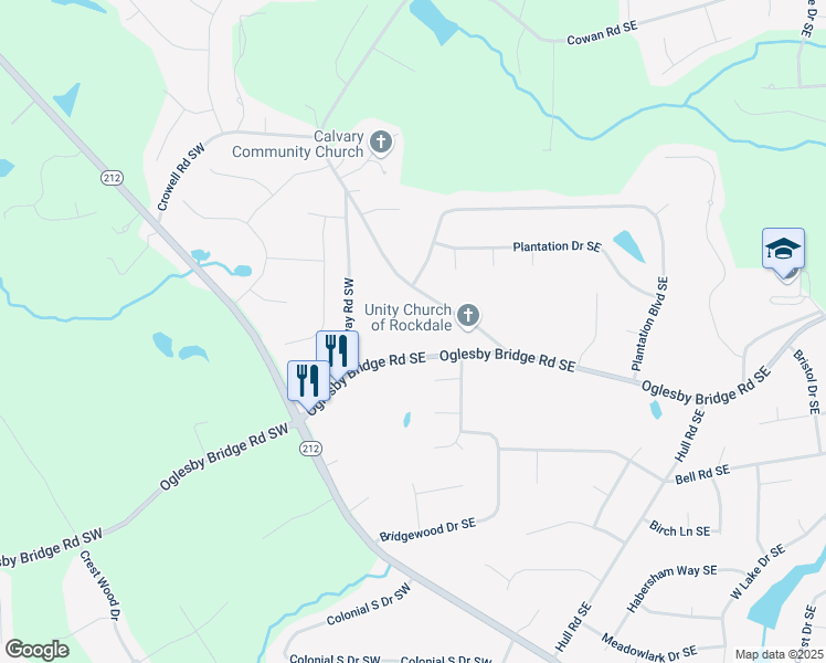 map of restaurants, bars, coffee shops, grocery stores, and more near 160 Oglesby Bridge Road Southeast in Conyers