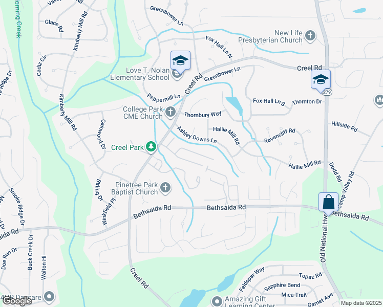 map of restaurants, bars, coffee shops, grocery stores, and more near 707 Pine Tree Trail in College Park