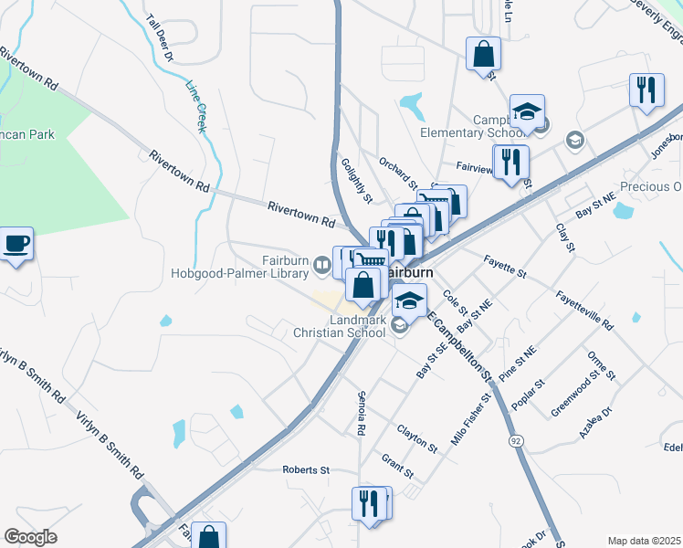 map of restaurants, bars, coffee shops, grocery stores, and more near 53 Washington Street in Fairburn