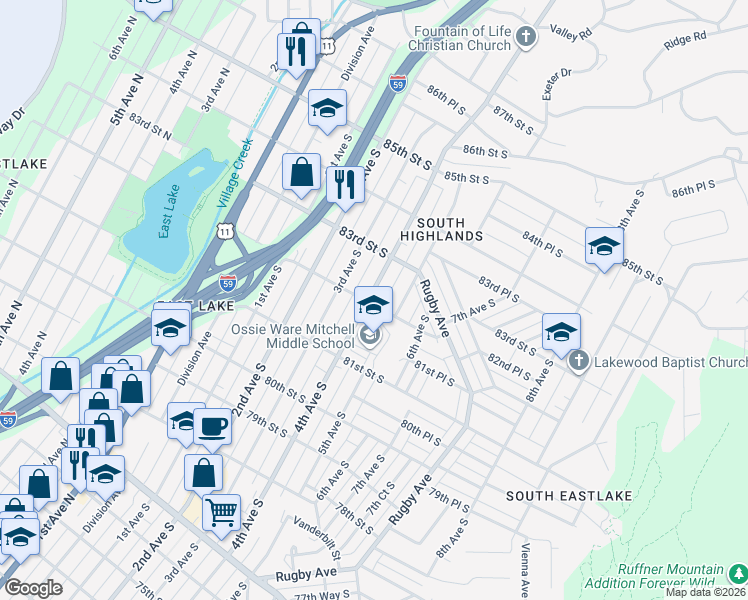 map of restaurants, bars, coffee shops, grocery stores, and more near 8154 4th Avenue South in Birmingham