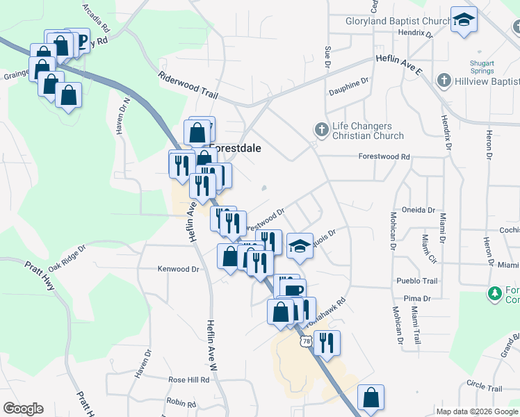 map of restaurants, bars, coffee shops, grocery stores, and more near 236 Walker Road in Birmingham