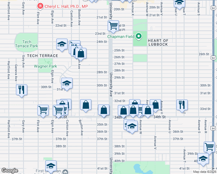 map of restaurants, bars, coffee shops, grocery stores, and more near 2503 30th Street in Lubbock