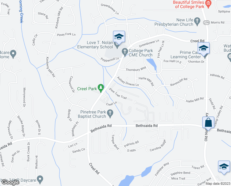 map of restaurants, bars, coffee shops, grocery stores, and more near 2511 Pine Tree Trail in Atlanta