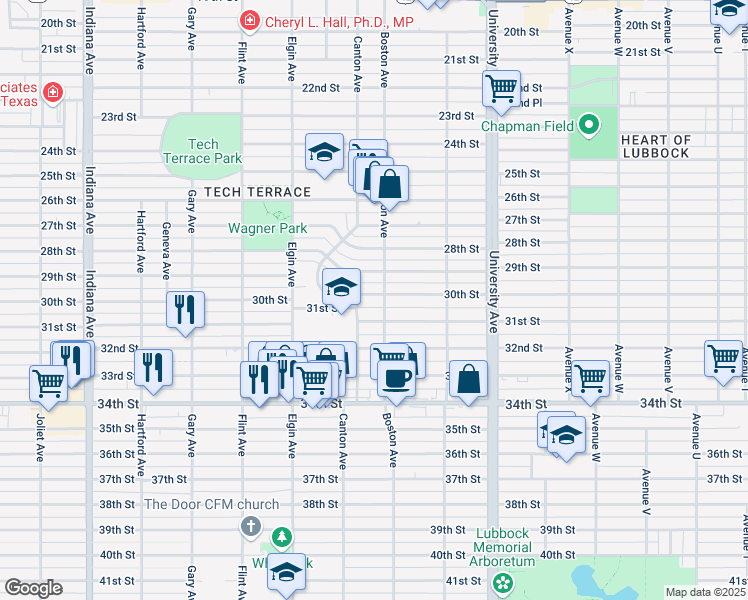 map of restaurants, bars, coffee shops, grocery stores, and more near 2703 30th Street in Lubbock