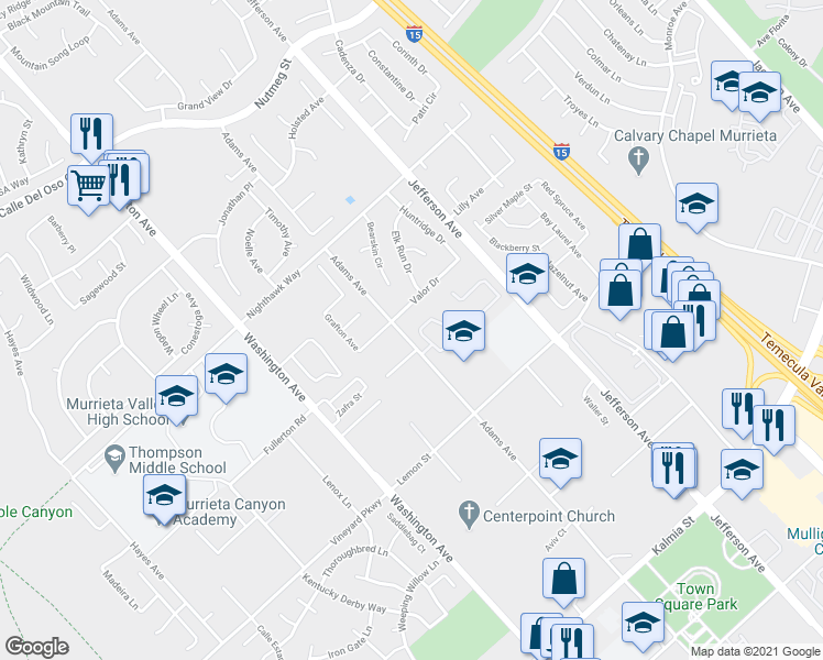 map of restaurants, bars, coffee shops, grocery stores, and more near 24215 Broad Oak Street in Murrieta