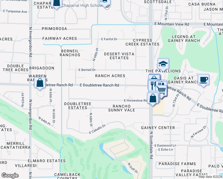 map of restaurants, bars, coffee shops, grocery stores, and more near 6927 East Doubletree Ranch Road in Paradise Valley