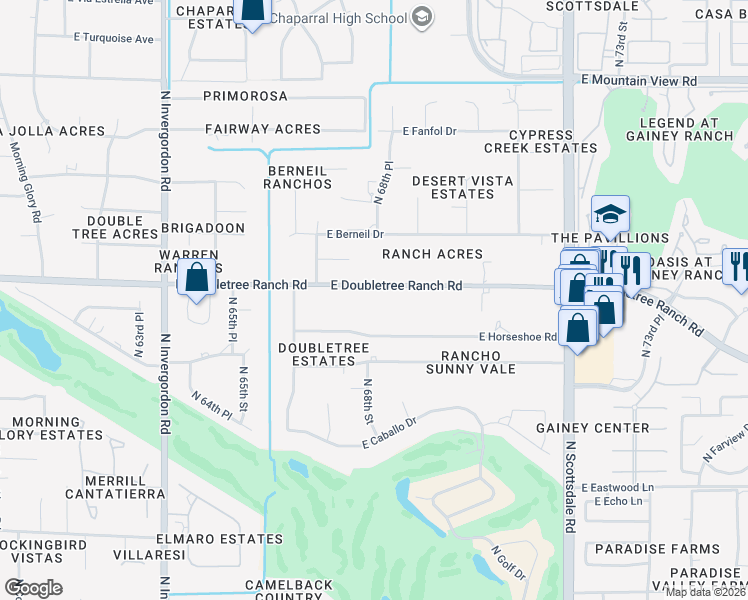 map of restaurants, bars, coffee shops, grocery stores, and more near 6809 East Doubletree Ranch Road in Paradise Valley