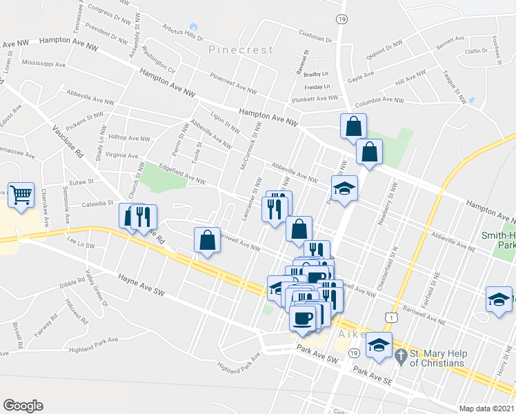 map of restaurants, bars, coffee shops, grocery stores, and more near 601 Edgefield Avenue Northwest in Aiken