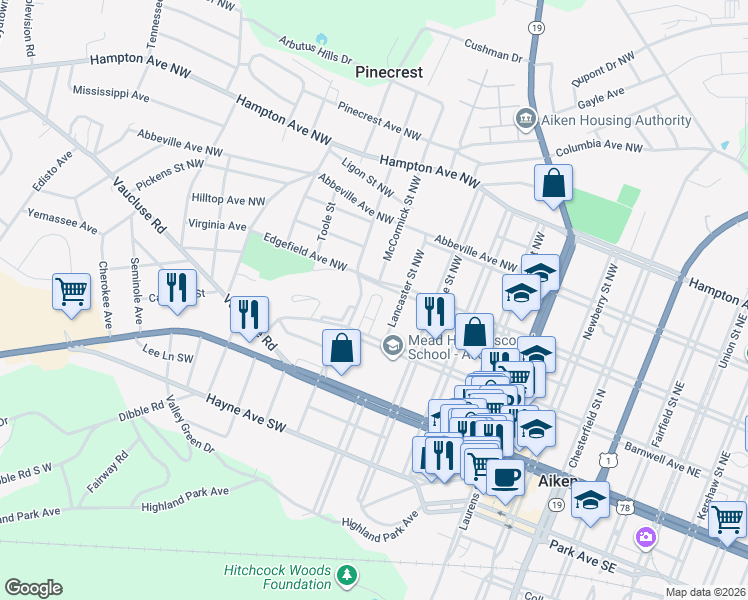 map of restaurants, bars, coffee shops, grocery stores, and more near 167 Kline Street Northwest in Aiken