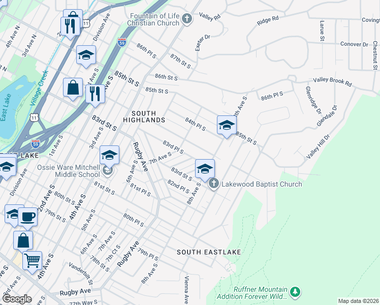 map of restaurants, bars, coffee shops, grocery stores, and more near 713 83rd Place South in Birmingham