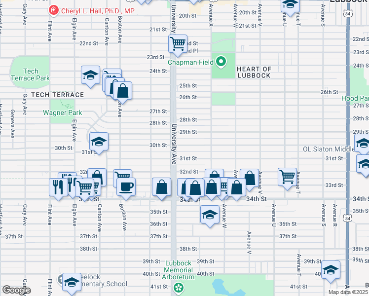 map of restaurants, bars, coffee shops, grocery stores, and more near 2423 30th Street in Lubbock