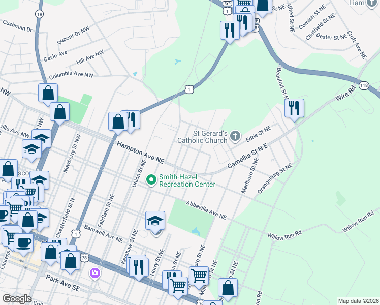 map of restaurants, bars, coffee shops, grocery stores, and more near 542 Sumter Street Northeast in Aiken