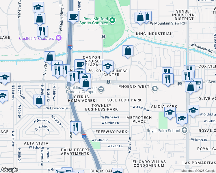 map of restaurants, bars, coffee shops, grocery stores, and more near 2423 W Dunlap Ave in Phoenix