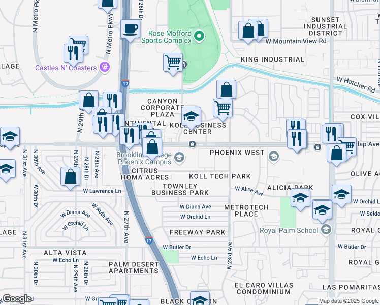 map of restaurants, bars, coffee shops, grocery stores, and more near 2423 West Dunlap Avenue in Phoenix