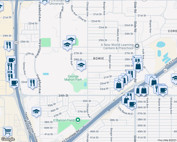 map of restaurants, bars, coffee shops, grocery stores, and more near 5428 30th Street in Lubbock