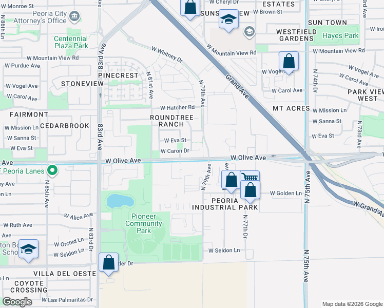 map of restaurants, bars, coffee shops, grocery stores, and more near 7959 West Caron Drive in Peoria