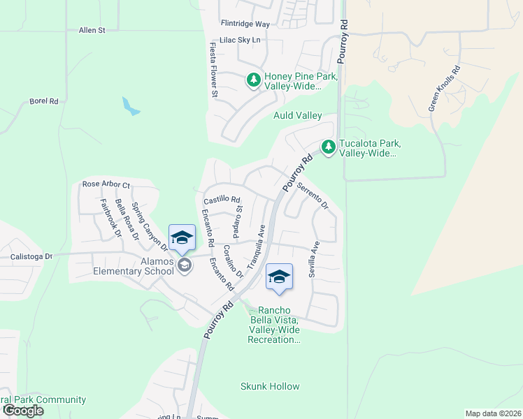 map of restaurants, bars, coffee shops, grocery stores, and more near 38111 Tranquila Avenue in Murrieta