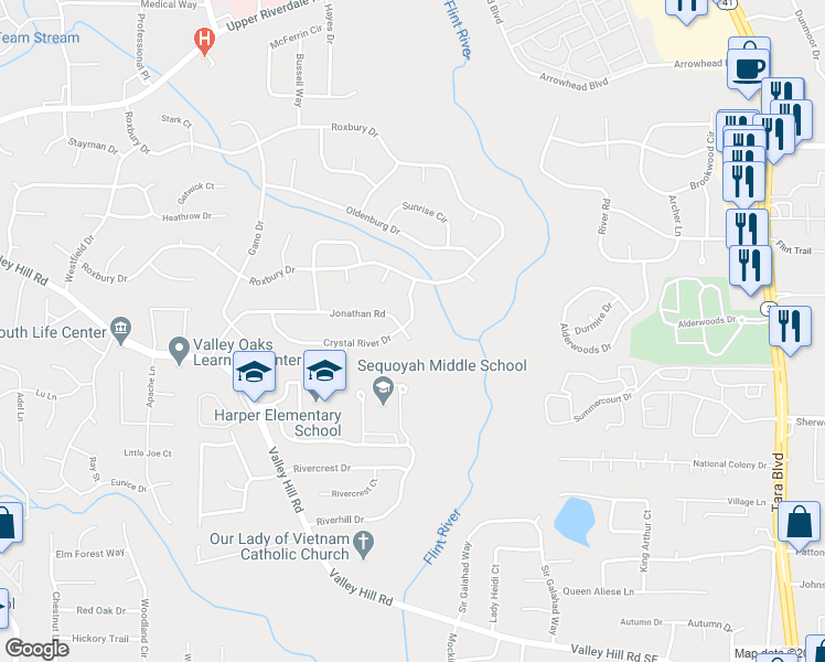 map of restaurants, bars, coffee shops, grocery stores, and more near 101 Crystal River Drive in Riverdale