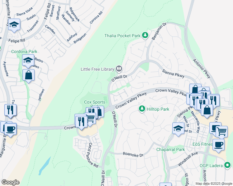 map of restaurants, bars, coffee shops, grocery stores, and more near Amesbury Court in Ladera Ranch