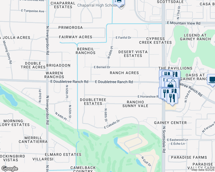 map of restaurants, bars, coffee shops, grocery stores, and more near 6809 East Doubletree Ranch Road in Paradise Valley