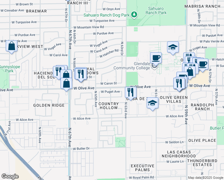 map of restaurants, bars, coffee shops, grocery stores, and more near 6362 West Puget Avenue in Glendale