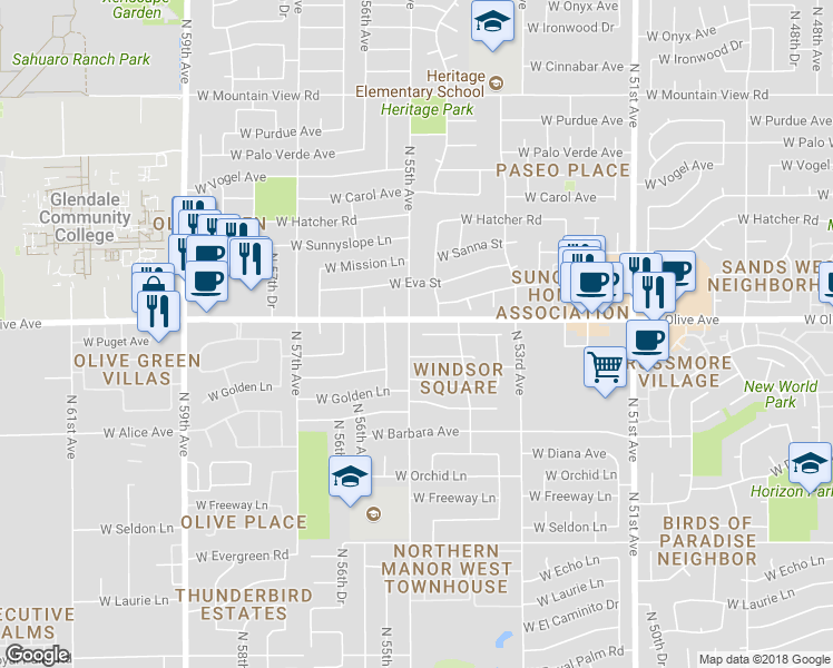 map of restaurants, bars, coffee shops, grocery stores, and more near 5440 West Puget Avenue in Glendale