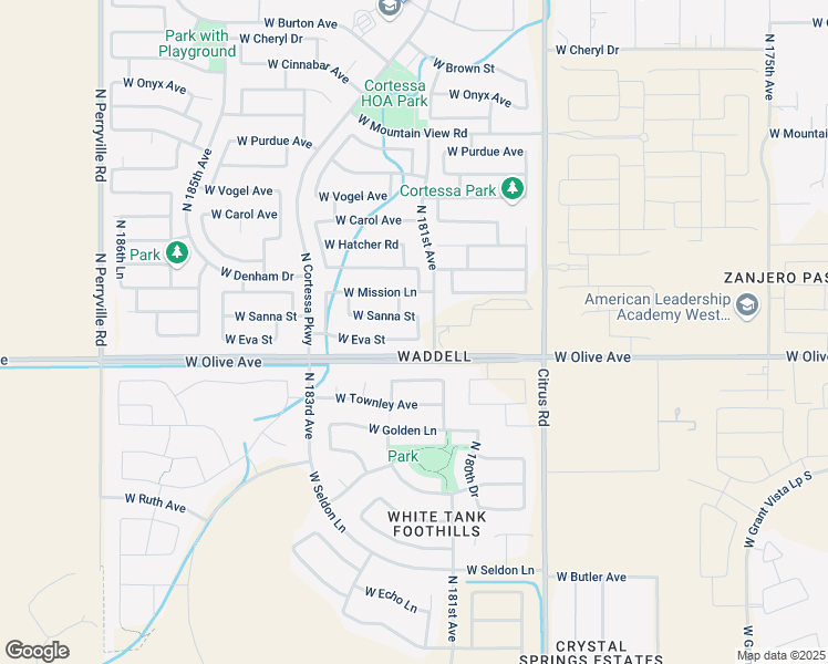 map of restaurants, bars, coffee shops, grocery stores, and more near 18124 West Eva Street in Waddell