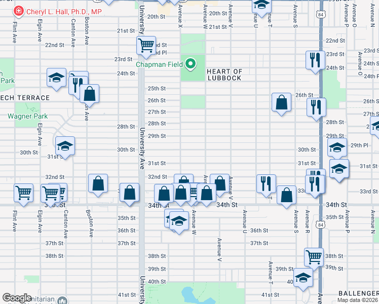 map of restaurants, bars, coffee shops, grocery stores, and more near 2313 30th Street in Lubbock
