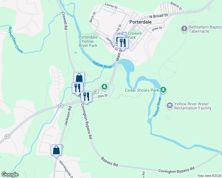 map of restaurants, bars, coffee shops, grocery stores, and more near 7 Elm Street in Porterdale