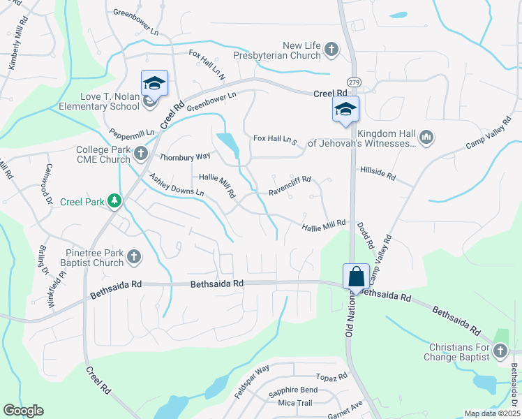 map of restaurants, bars, coffee shops, grocery stores, and more near 2535 Hallie Mill Road in Atlanta