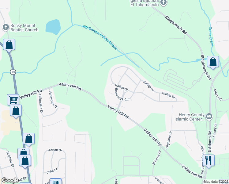 map of restaurants, bars, coffee shops, grocery stores, and more near 600 Mohawk Circle in Stockbridge