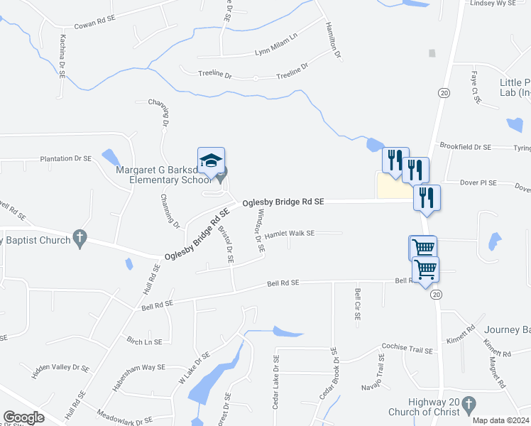 map of restaurants, bars, coffee shops, grocery stores, and more near 627 Windsor Drive Southeast in Conyers