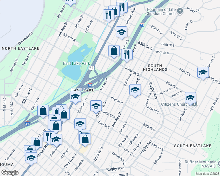 map of restaurants, bars, coffee shops, grocery stores, and more near 8126 2nd Avenue South in Birmingham