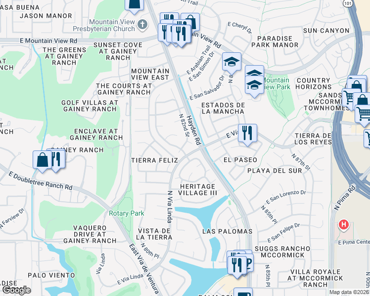 map of restaurants, bars, coffee shops, grocery stores, and more near 8995 North 81st Street in Scottsdale